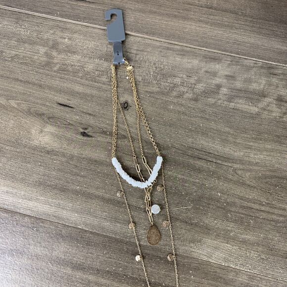 Womens 3 Layered Gold Tone Link Chain Charm Droplet Pendant Necklace Puka Shell - Picture 5 of 6